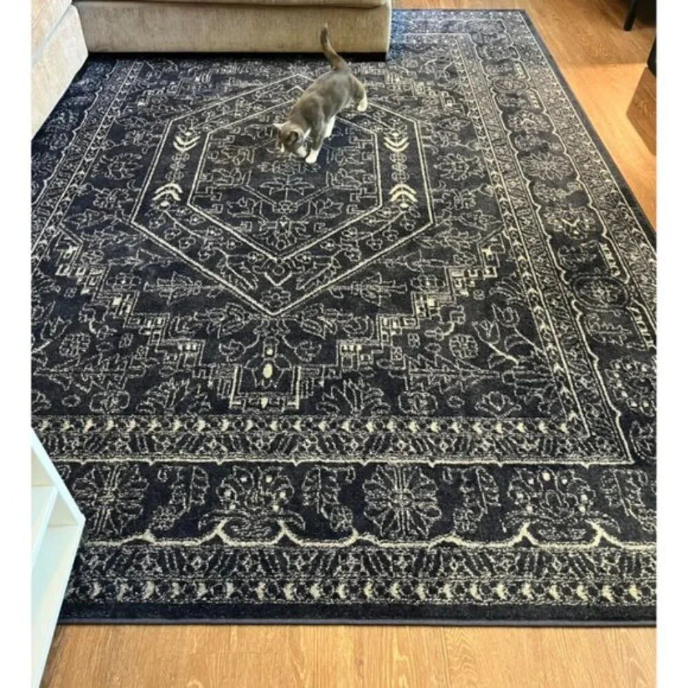 New 8x10 Adirondack Area Rug, Navy Ivory Oriental Medallion, Non-Shedding Carpet